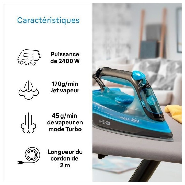 Fer vapeur - BRAUN - FI3194BK FreeStyle 3 - Puissance 2400 W - Vapeur constante 45 g/min Pressing 200g/min - Semelle SuperCerami