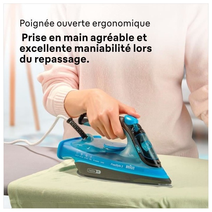 Fer vapeur - BRAUN - FI3194BK FreeStyle 3 - Puissance 2400 W - Vapeur constante 45 g/min Pressing 200g/min - Semelle SuperCerami