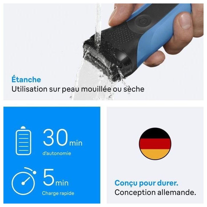 Rasoir électrique BRAUN Series 3 - Bleu et noir - Autonomie 30 minutes - Charge rapide 5 minutes