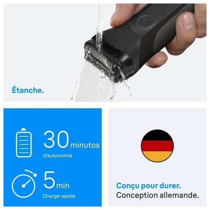 Rasoir électrique BRAUN Series 3 - Noir - Autonomie 30 minutes - Charge rapide 5 minutes