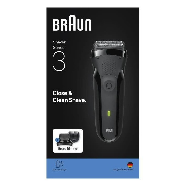 Rasoir électrique BRAUN Series 3 - Noir - Autonomie 30 minutes - Charge rapide 5 minutes