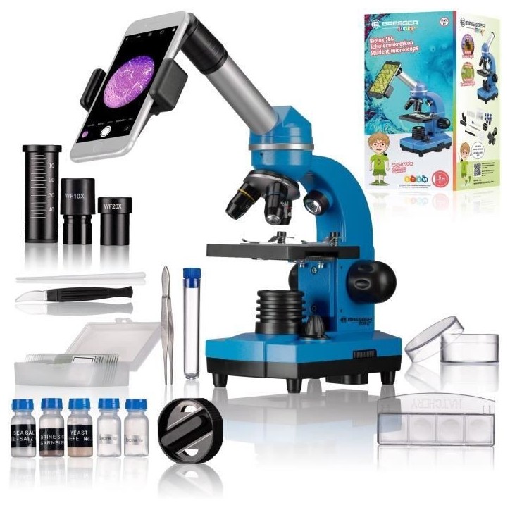 Microscope étudiant BIOLUX SEL - BRESSER JUNIOR - grossissement 40x-1600x - kit d'expérimentation - bleu