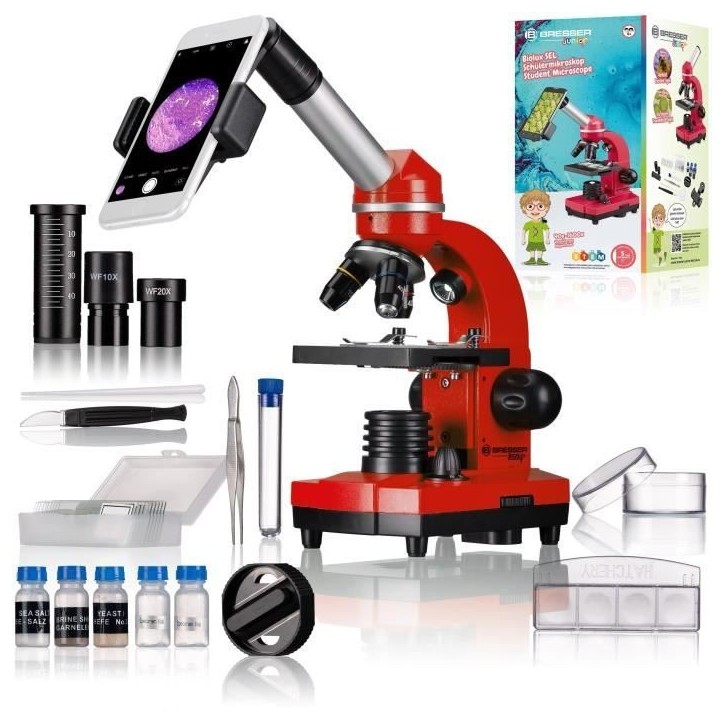 Microscope étudiant BIOLUX SEL - BRESSER JUNIOR - grossissement 40x-1600x - kit d'expérimentation - rouge