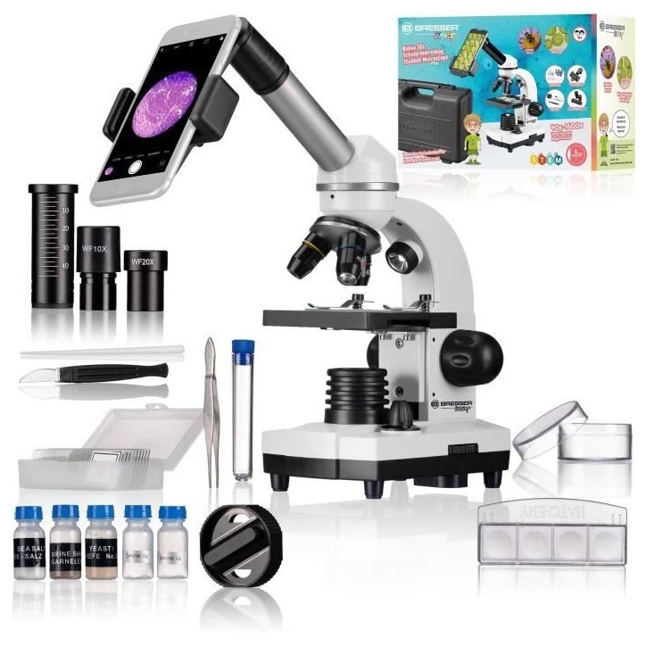 Microscope Biolux SEL avec systeme de zoom, grossissement 40x-1600x, support smartphone, coffret rigide, Microscope étudiant, B