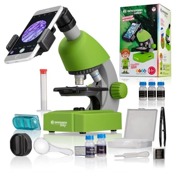 Microscope 40x-640x - BRESSER JUNIOR - Éclairage LED - kit d'expérimentation - vert Microscope 40x-640x - BRESSER JUNIOR - Éclairage LED - kit d'expérimentation - vert