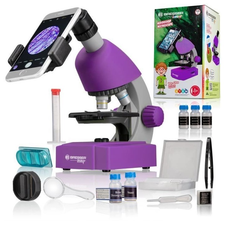 Microscope 40x-640x - BRESSER JUNIOR - Éclairage LED - kit d'expérimentation - violet Microscope 40x-640x - BRESSER JUNIOR - Éclairage LED - kit d'expérimentation - violet
