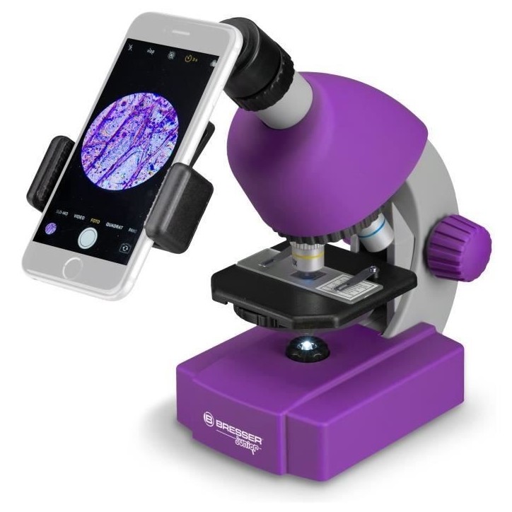 Microscope 40x-640x - BRESSER JUNIOR - Éclairage LED - kit d'expérimentation - violet Microscope 40x-640x - BRESSER JUNIOR - Éclairage LED - kit d'expérimentation - violet