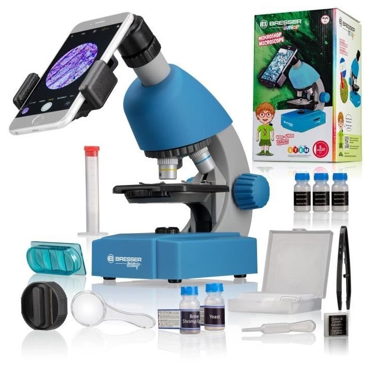 Microscope 40x-640x - BRESSER JUNIOR - Éclairage LED - kit d'expérimentation - bleu Microscope 40x-640x - BRESSER JUNIOR - Éclairage LED - kit d'expérimentation - bleu
