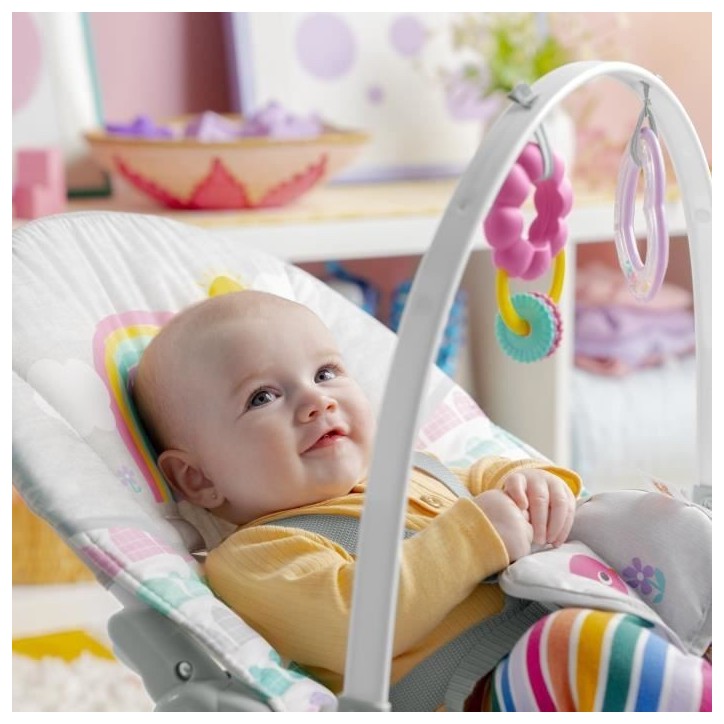 BRIGHT STARTS Transat bébé évolutif Arc-en-Ciel, rose, Vibrations apaisantes, 2 positions d'inclinaison, jusqu'a 30 mois