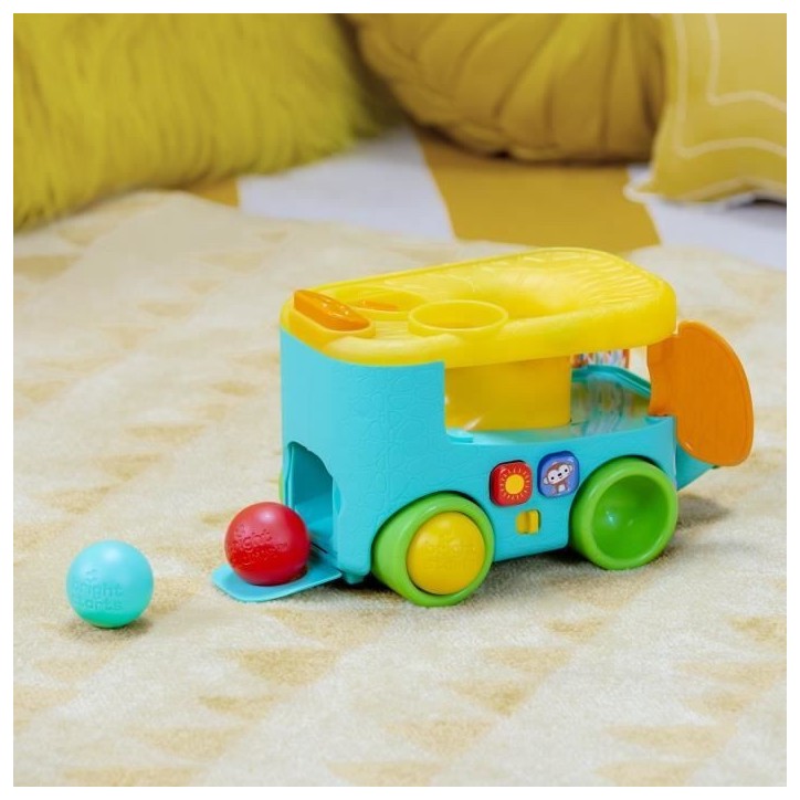 BRIGHT STARS Bus safari Elephant, lanceur et tobogan a balles a partir de 6 mois, 3 balles inclus, lumiere, +30 chansons et mél BRIGHT STARS Bus safari Elephant, lanceur et tobogan a balles a partir de 6 mois, 3 balles inclus, lumiere, +30 chansons et mél