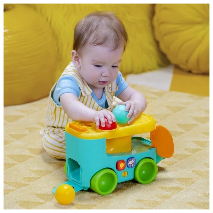 BRIGHT STARS Bus safari Elephant, lanceur et tobogan a balles a partir de 6 mois, 3 balles inclus, lumiere, +30 chansons et mél BRIGHT STARS Bus safari Elephant, lanceur et tobogan a balles a partir de 6 mois, 3 balles inclus, lumiere, +30 chansons et mél