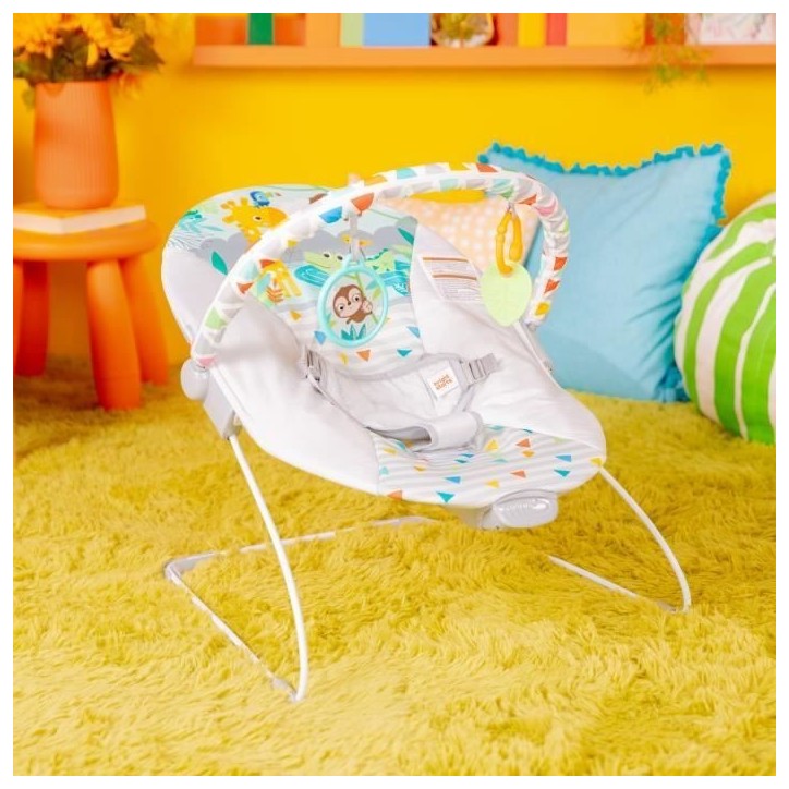 BRIGHT STARS Transat pour bébé - Safari - Arche avec jouets d'éveil amovible dont un miroir bébé, Harnais 3 points