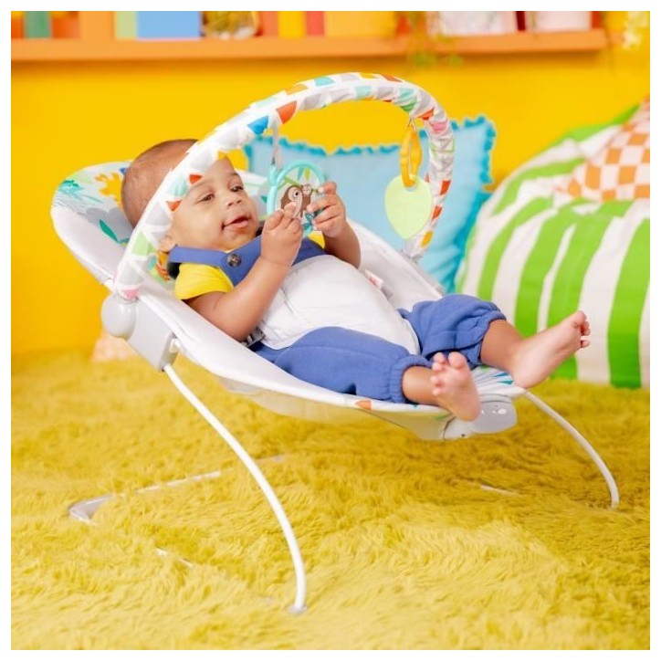 BRIGHT STARS Transat pour bébé - Safari - Arche avec jouets d'éveil amovible dont un miroir bébé, Harnais 3 points
