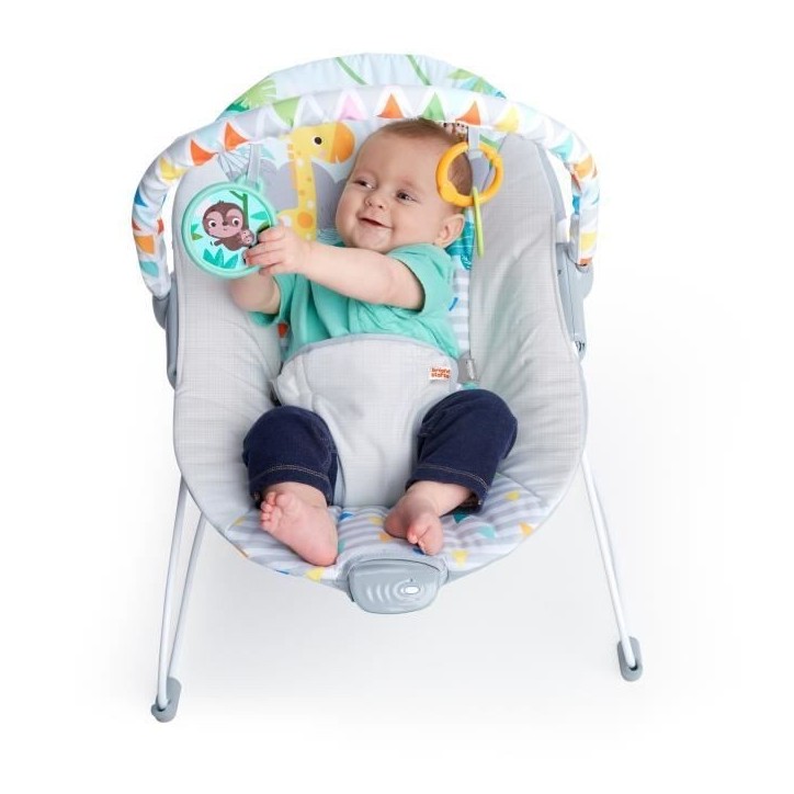 BRIGHT STARS Transat pour bébé - Safari - Arche avec jouets d'éveil amovible dont un miroir bébé, Harnais 3 points