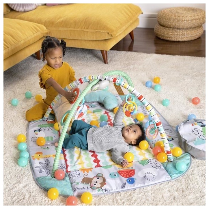 BRIGHT STARTS Tapis d'éveil bébé, parc a balles, Tropical, 5 modes de jeu - 40 balles - 7 jouets détachables, Cadeau Noël b
