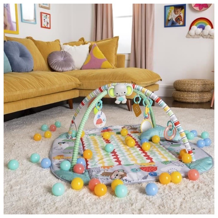 BRIGHT STARTS Tapis d'éveil bébé, parc a balles, Tropical, 5 modes de jeu - 40 balles - 7 jouets détachables, Cadeau Noël b