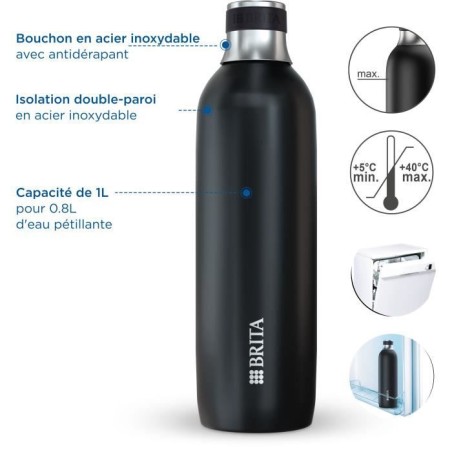 Bouteille isotherme BRITA - Compatible SodaTRIO - Capacité 1L - Acier Inoxydable - Noire