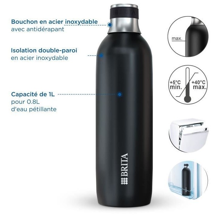 Bouteille isotherme BRITA - Compatible SodaTRIO - Capacité 1L - Acier Inoxydable - Noire Bouteille isotherme BRITA - Compatible SodaTRIO - Capacité 1L - Acier Inoxydable - Noire