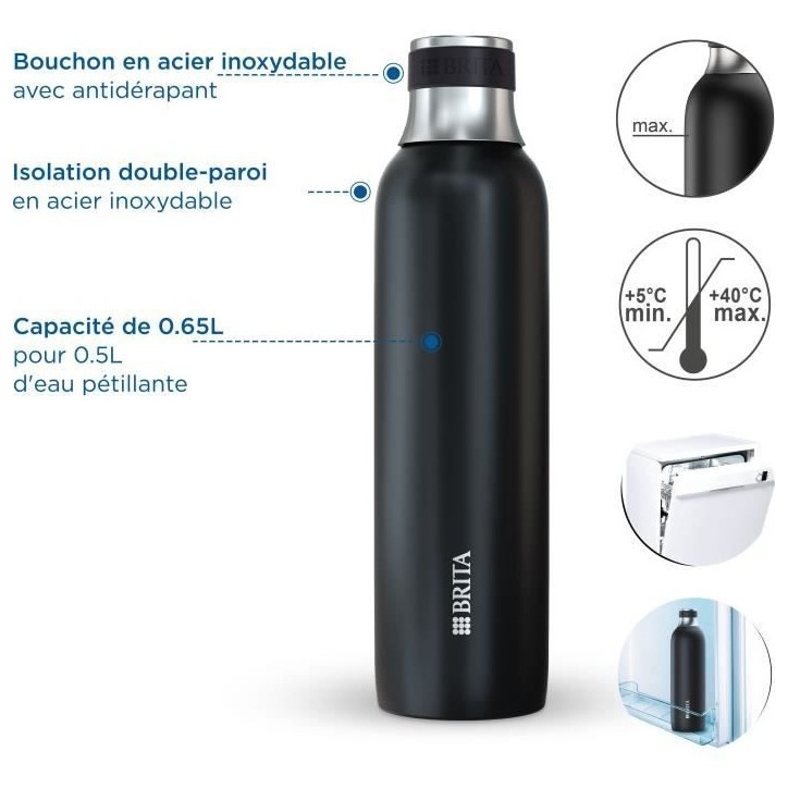 Bouteille isotherme BRITA - Compatible SodaTRIO - Capacité 0,65L - Acier Inoxydable - Noire Bouteille isotherme BRITA - Compatible SodaTRIO - Capacité 0,65L - Acier Inoxydable - Noire