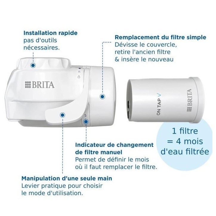 Systeme filtration a eau BRITA - ON TAP - Jusqu'a 4 mois d'eau filtrée - 3 modes d'utilisations - 5 adaptateurs inclus