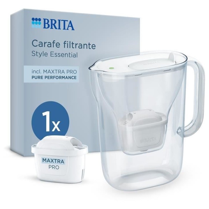 Carafe filtrante BRITA - Style Essential Blanche - Capacité 2,4L dont 1,4L d'eau filtrée - 1 filtre Maxtra Pro Pure performanc