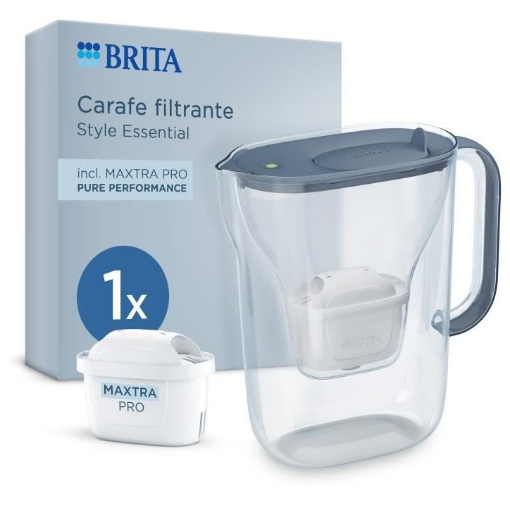 Carafe filtrante BRITA - Style Essential Bleu minéral - Capacité 2,4L dont 1,4L d'eau filtrée - 1 filtre Maxtra Pro Pure perf