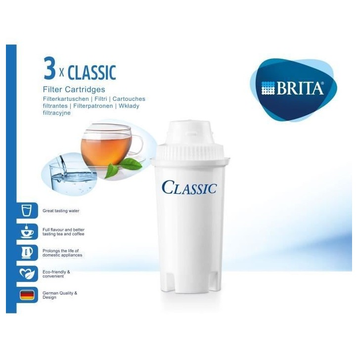 Cartouches filtrantes BRITA Classic - Pack de 3 - Réduction de tartre, chlore et impuretés - Blanc