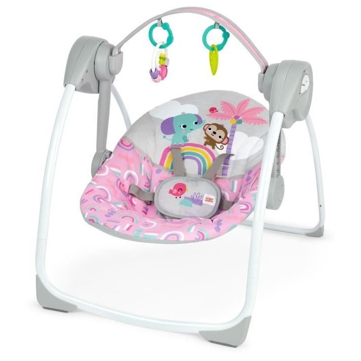 BRIGHT STARTS Balancelle bébé électrique compacte – Animaux, rose, 6 vitesses balancement, 10 chansons, 2 position d'inclin