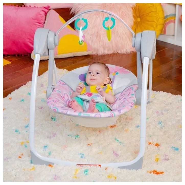 BRIGHT STARTS Balancelle bébé électrique compacte – Animaux, rose, 6 vitesses balancement, 10 chansons, 2 position d'inclin