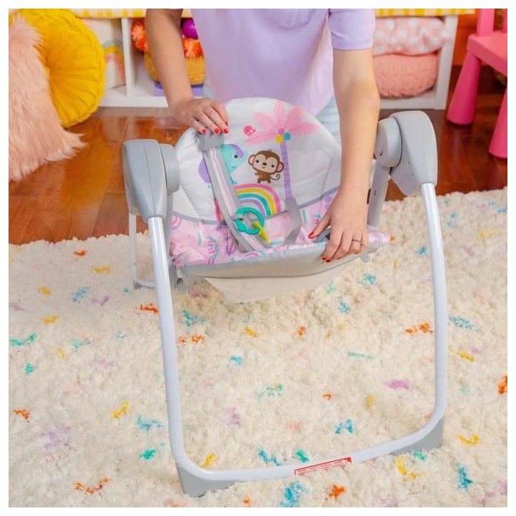 BRIGHT STARTS Balancelle bébé électrique compacte – Animaux, rose, 6 vitesses balancement, 10 chansons, 2 position d'inclin