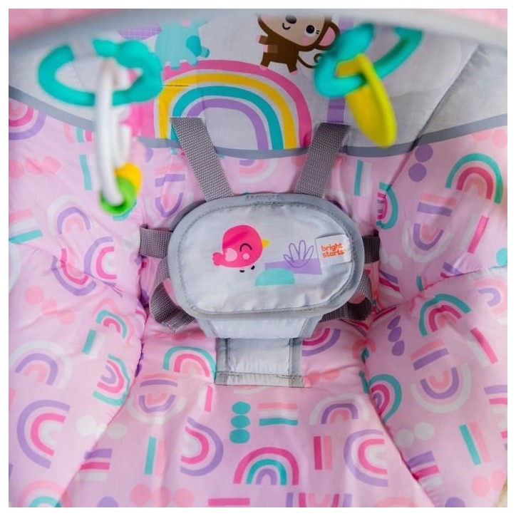BRIGHT STARTS Balancelle bébé électrique compacte – Animaux, rose, 6 vitesses balancement, 10 chansons, 2 position d'inclin