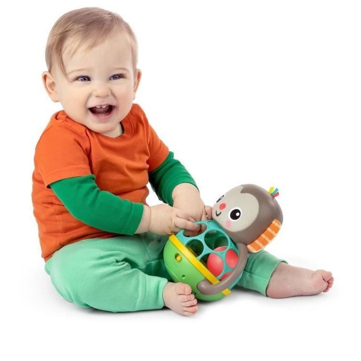 BRIGHT STARTS Jouet hochet musical et lumineux Grab - Giggle Monkey - Avec Oball attrape facile - 6M+