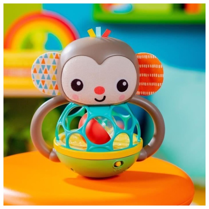 BRIGHT STARTS Jouet hochet musical et lumineux Grab - Giggle Monkey - Avec Oball attrape facile - 6M+