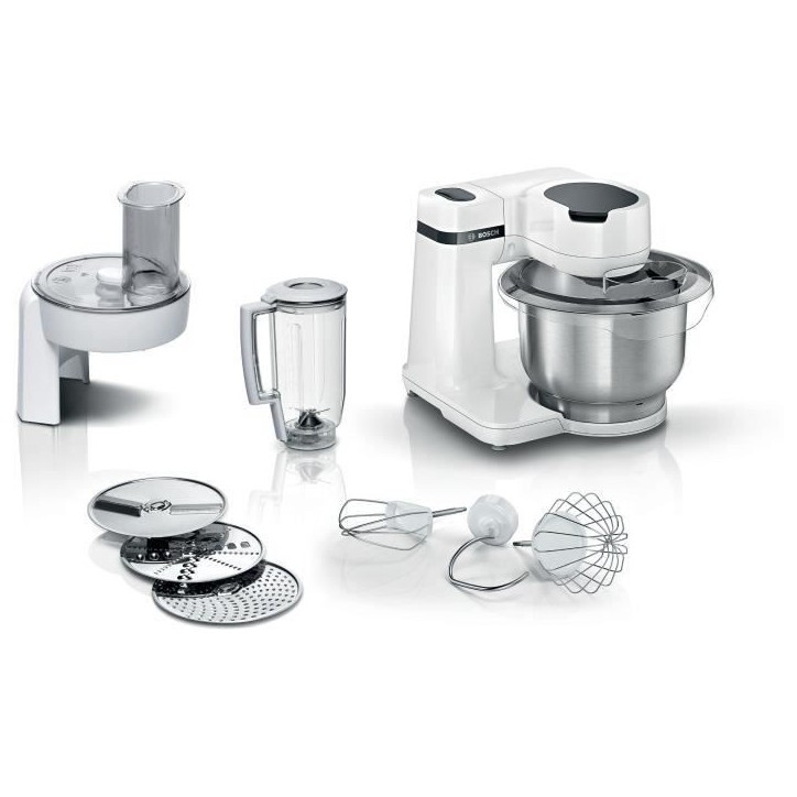 Robot multifonction compact - BOSCH MUMS2EW20 - Bol inox - 3 disques - blender 1,25L - Kit pâtisserie inclus - blanc Robot multifonction compact - BOSCH MUMS2EW20 - Bol inox - 3 disques - blender 1,25L - Kit pâtisserie inclus - blanc
