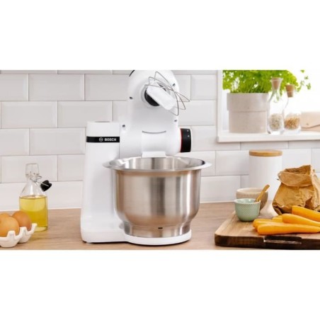Robot multifonction compact - BOSCH MUMS2EW20 - Bol inox - 3 disques - blender 1,25L - Kit pâtisserie inclus - blanc