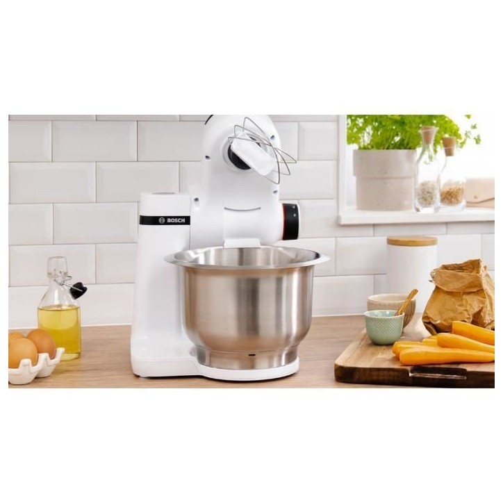 Robot multifonction compact - BOSCH MUMS2EW20 - Bol inox - 3 disques - blender 1,25L - Kit pâtisserie inclus - blanc Robot multifonction compact - BOSCH MUMS2EW20 - Bol inox - 3 disques - blender 1,25L - Kit pâtisserie inclus - blanc