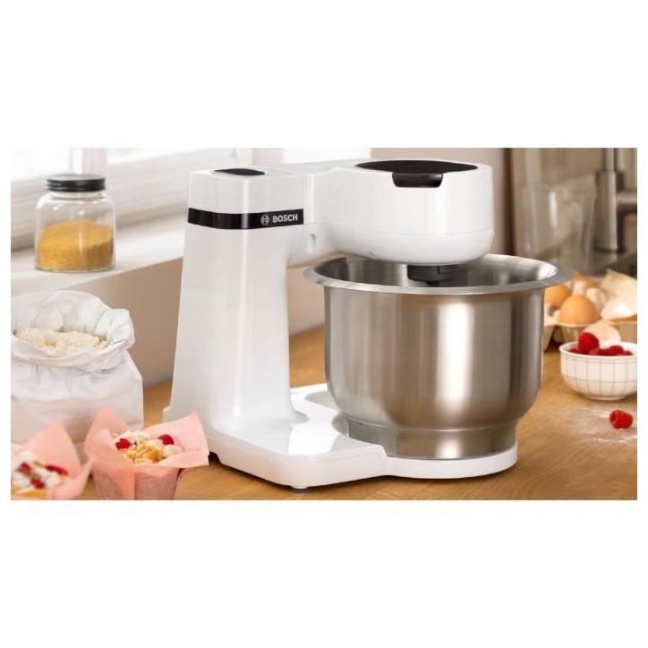 Robot multifonction compact - BOSCH MUMS2EW20 - Bol inox - 3 disques - blender 1,25L - Kit pâtisserie inclus - blanc Robot multifonction compact - BOSCH MUMS2EW20 - Bol inox - 3 disques - blender 1,25L - Kit pâtisserie inclus - blanc
