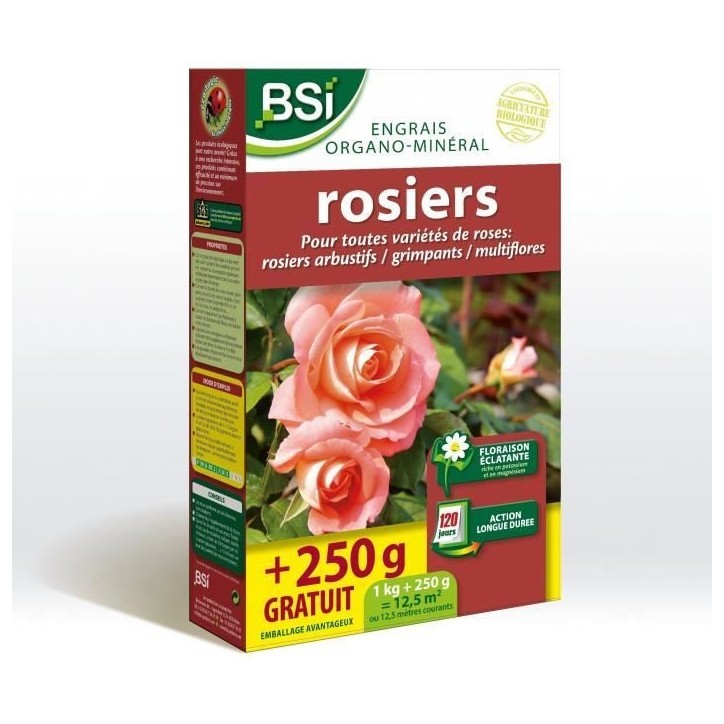BSI - Engrais Bio - Pour Tous Les sortes De Rosiers - Floraison Éclatante - Action Longue - 1Kg - Plus 250g gratuit - 12,5m² BSI - Engrais Bio - Pour Tous Les sortes De Rosiers - Floraison Éclatante - Action Longue - 1Kg - Plus 250g gratuit - 12,5m²