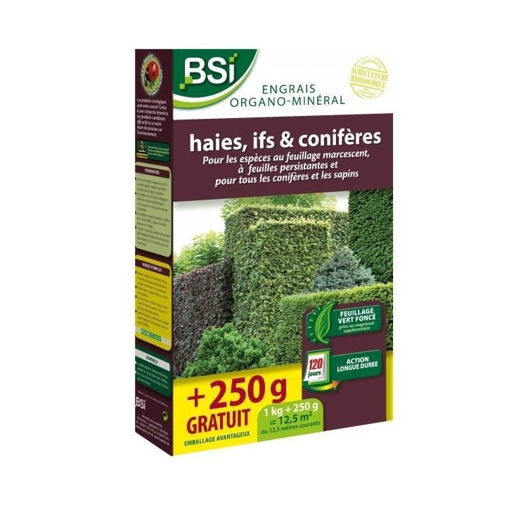 BSI - Engrais Organo-Minéral - Bio - Haies, Coniferes - Pour Feuillages Persistants Et Coniferes - 1Kg - Plus 250g gratuit - 12 BSI - Engrais Organo-Minéral - Bio - Haies, Coniferes - Pour Feuillages Persistants Et Coniferes - 1Kg - Plus 250g gratuit - 12
