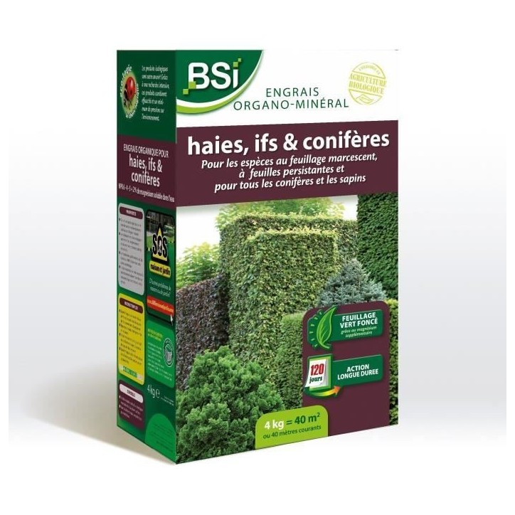 BSI - Engrais Organo-Minéral - Bio - Haies, Ifs, Coniferes - Pour Feuillages Persistants Et Coniferes - Longue Durée - 4Kg - 4 BSI - Engrais Organo-Minéral - Bio - Haies, Ifs, Coniferes - Pour Feuillages Persistants Et Coniferes - Longue Durée - 4Kg - 4