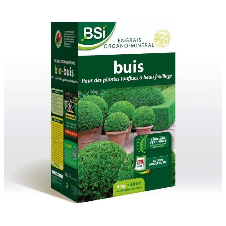 BSI - Engrais Bio - Buis - Pour Buis Touffus Au Feuillage Etincelant Et Vert Fonçé - Action Longue Durée - 4kg - 40 m² BSI - Engrais Bio - Buis - Pour Buis Touffus Au Feuillage Etincelant Et Vert Fonçé - Action Longue Durée - 4kg - 40 m²