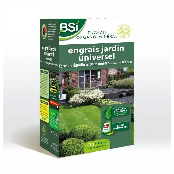 BSI - Engrais Bio - Universel - Pour Végétaux Multiples - Gazon, Potager, Fleurs Et Autres - Action Longue Durée - 4Kg - 40 m