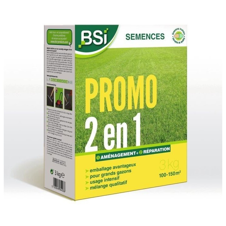 BSI - Semences De Gazon - Aménagement Ou Réparation Rapide - Avec Enrobage Protecteur - Grande Surface - 150m² - 3Kg BSI - Semences De Gazon - Aménagement Ou Réparation Rapide - Avec Enrobage Protecteur - Grande Surface - 150m² - 3Kg