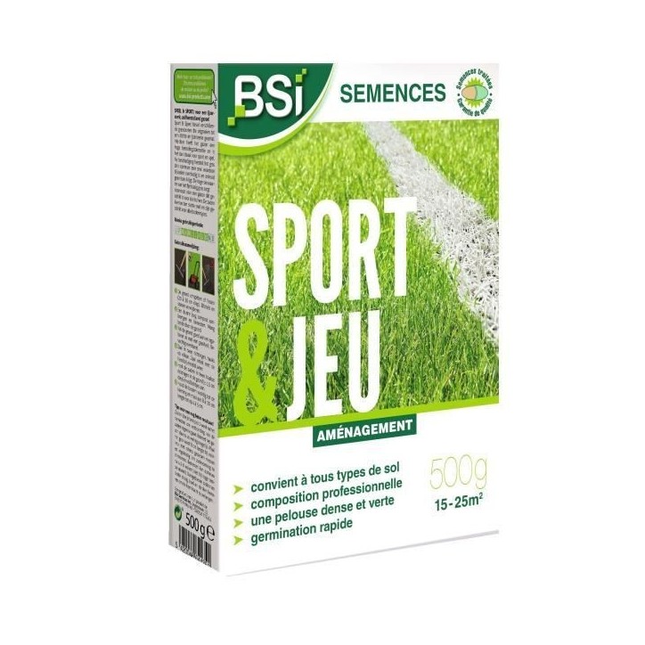 BSI - Semences De Gazon - Sport Ou Jeu - Avec Enrobage Protecteur - Tres Haute qualité - Jusqu'a 25 m² - 500g