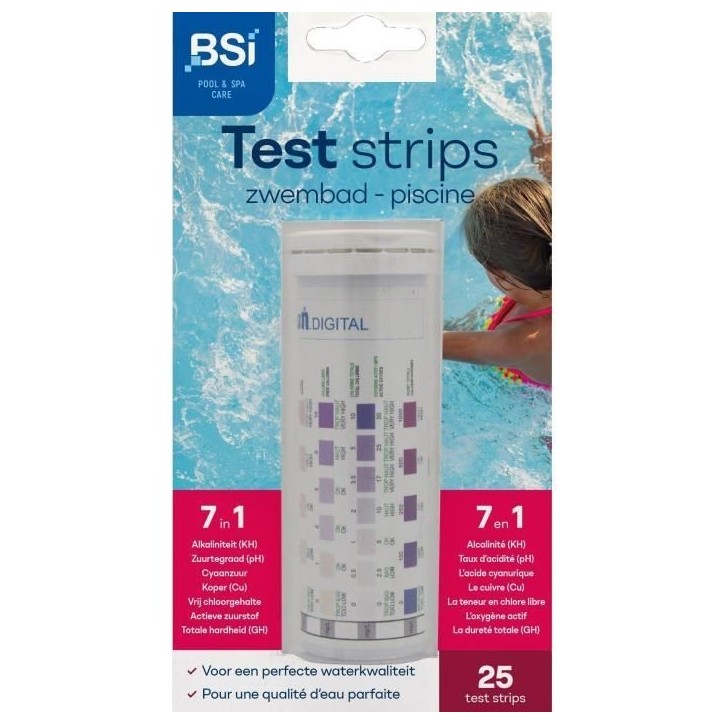 Bandelettes de test - BSI - Mesure la qualité de l'eau - Test Strips - Piscine Et Spa - 7 en 1 - 25 Bandelettes