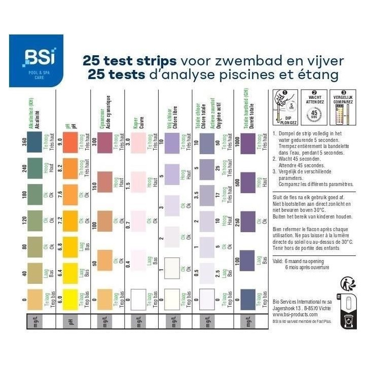 Bandelettes de test - BSI - Mesure la qualité de l'eau - Test Strips - Piscine Et Spa - 7 en 1 - 25 Bandelettes