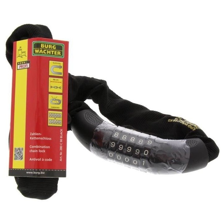 Antivol vélo chaîne - BURG WACHTER - 280 C 90 BLACK - Acier 6 mm, gainé, code