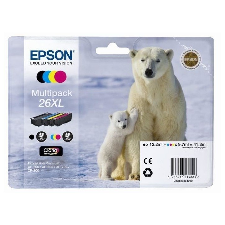 EPSON Multipack T2636 XL - Ours Polaire - Noir, Cyan, Jaune, Magenta (C13T26364010)