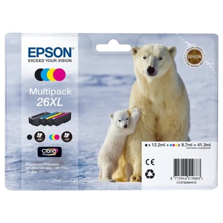 EPSON Multipack T2636 XL - Ours Polaire - Noir, Cyan, Jaune, Magenta (C13T26364010)
