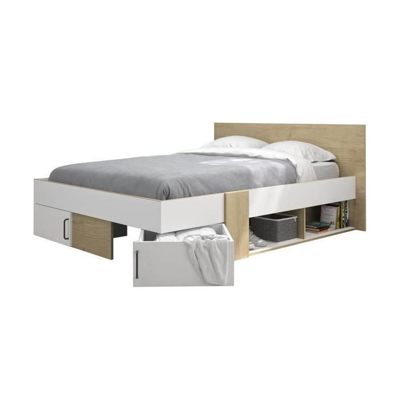 DIAGONE Lit adulte avec tiroirs de rangement - Chene et blanc - 140 x